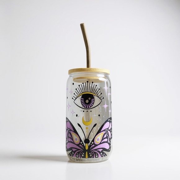 The Unbranded Brand Other - Mystical Eye and Butterfly Glass Tumbler with Straw - Purple and Gold